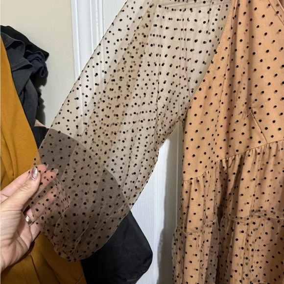Entro Tan Polka Dot Long Sleeve Dress with Sheer Sleeves - Picture 3 of 5